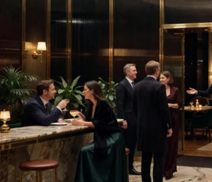 Invités accueillis pour un apéritif dans un salon parisien à la lumière dorée