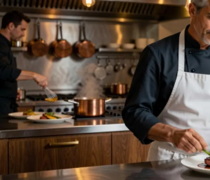 Portrait du Chef dans la cuisine en train de dresser une assiette gastronomique