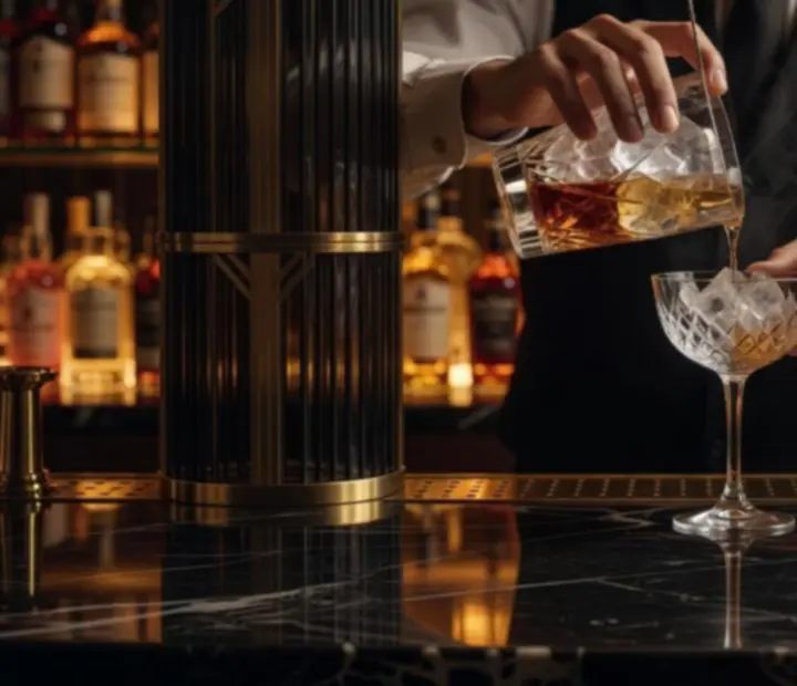 Mixologue préparant un cocktail d'auteur dans un décor Art Deco avec bar en laiton.