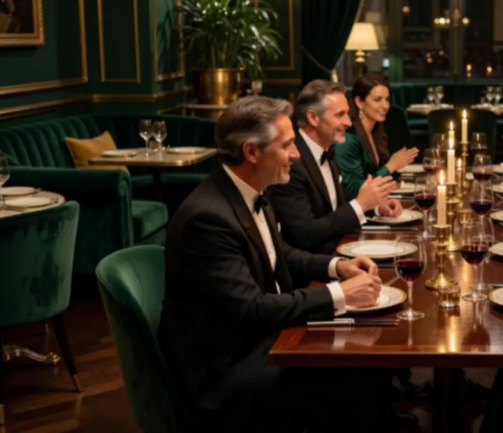 Convives élégants partageant un dîner gastronomique dans une salle tamisée.