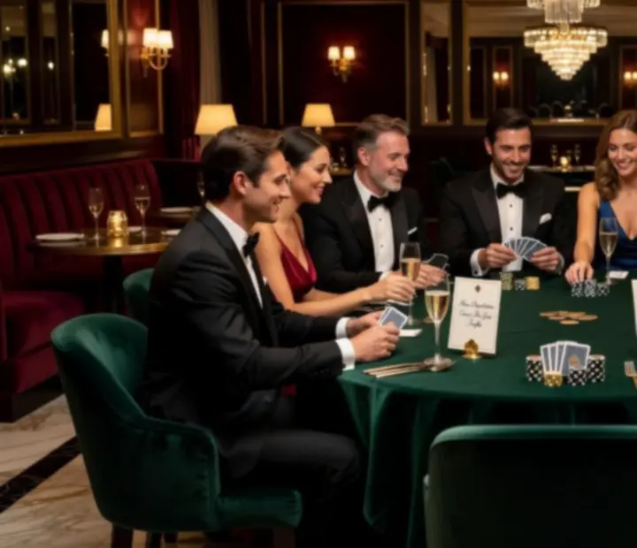 Groupe d'invités dans un salon intimiste pour une soirée privée avec ambiance feutrée.
