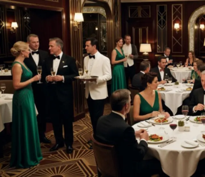 Vue cinématographique d'une salle avec dîner, jeux de société élégants et musique live.