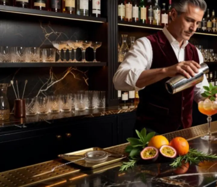 Barman préparant un cocktail signature au bar, entouré de verres en cristal et de bouteilles éclairées