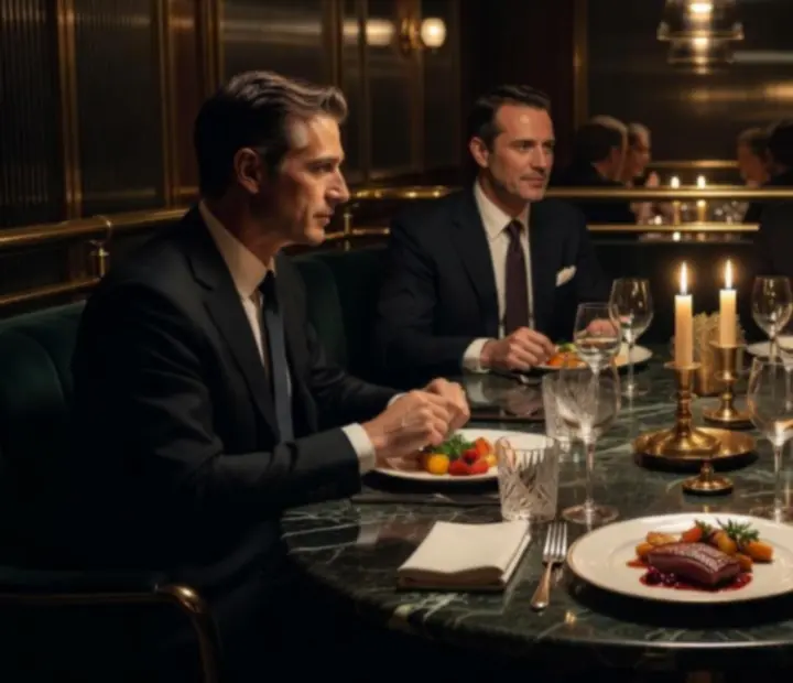 Plats raffinés dressés sur une table éclairée à la bougie dans la salle du restaurant en soirée