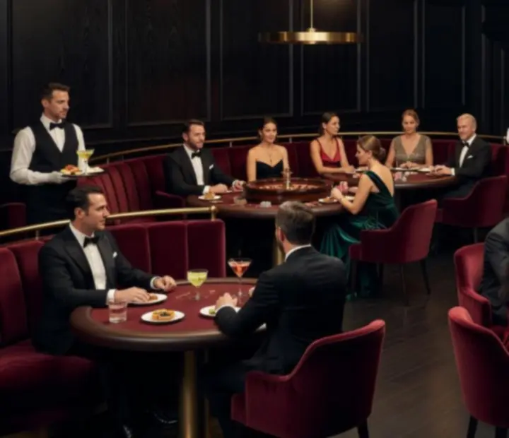 Vue architecturale d’une grande salle de soirée avec éclairages dramatiques et invités attablés