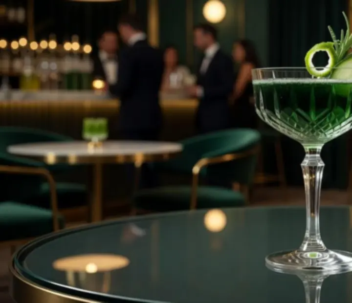 Cocktail de signature préparé au bar avec lumière tamisée