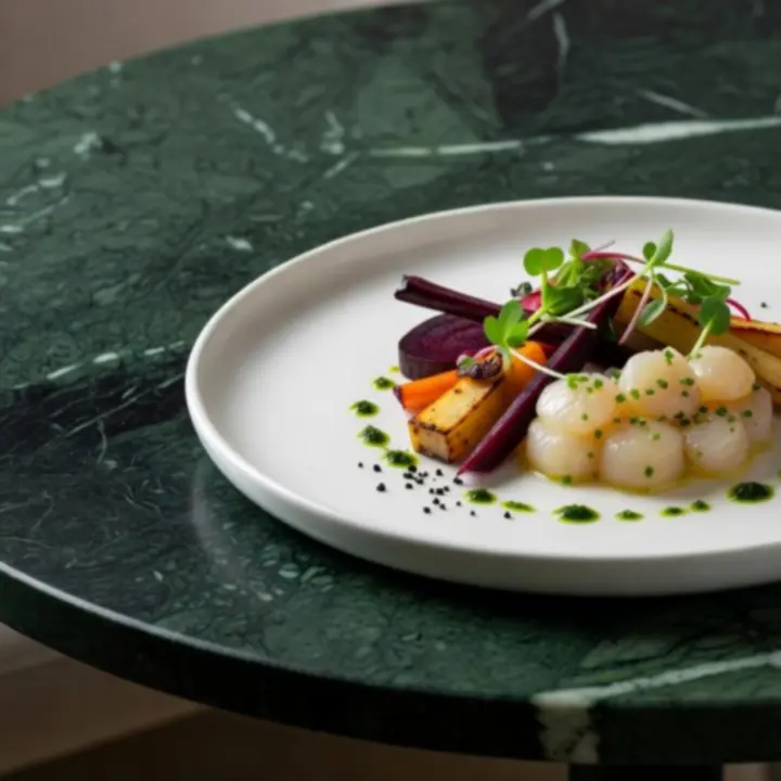 Détail d'une entrée gastronomique dressée avec finesse