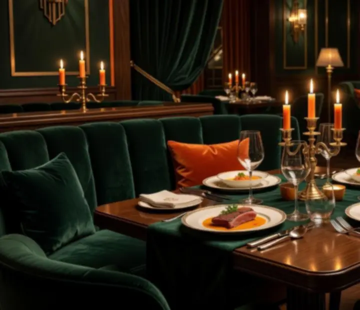 Table dressée avec assiettes gastronomiques, cristal et lumière tamisée