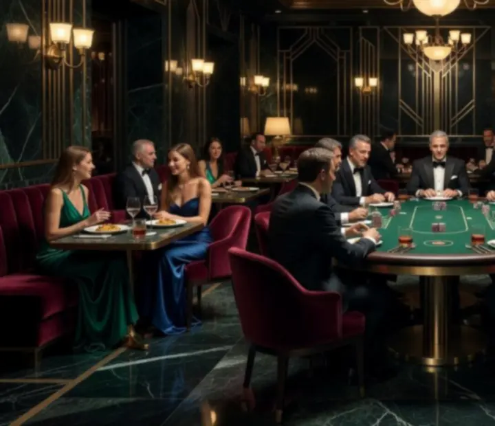 Invités arrivant dans un restaurant Art Déco en soirée.