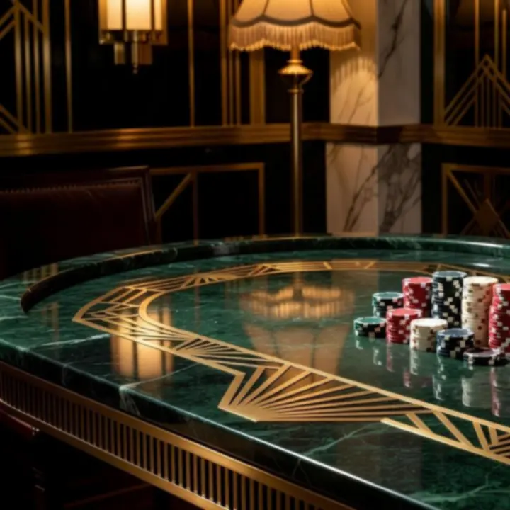 Détail intérieur de la salle poker avec velours vert, verre fumé et laiton brossé