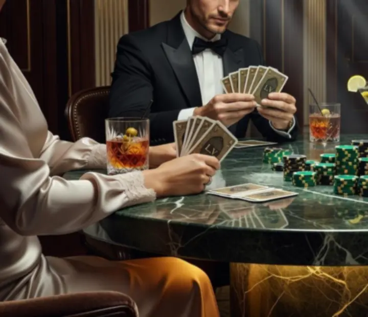 Détail d'une table de poker dressée avec cartes, jetons décoratifs et verres en cristal