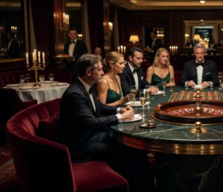 Table de roulette en marbre vert dans une ambiance de soirée élégante