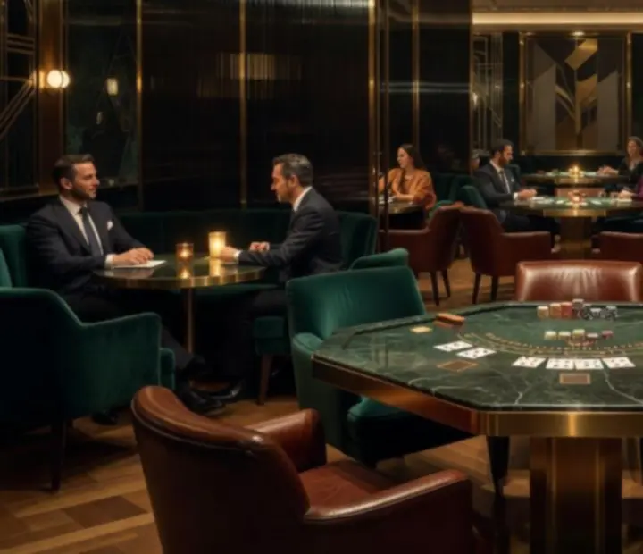 Salon Blackjack feutré avec tables en marbre vert et lumières tamisées