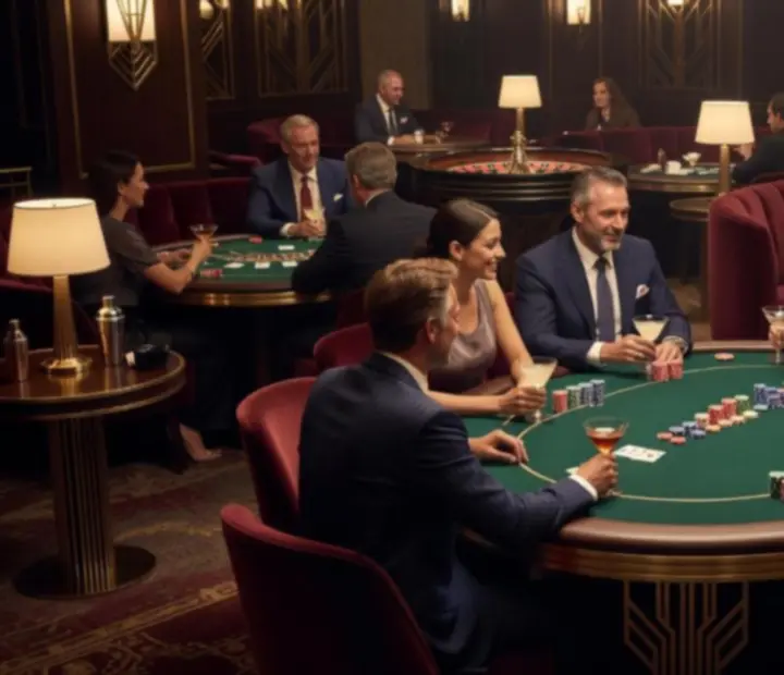 Lounge de soirée avec table de poker et lumières tamisées.
