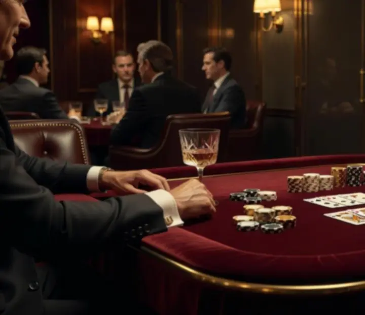 Grande table de poker habillée de jetons et cartes dans une ambiance feutrée avec cocktails