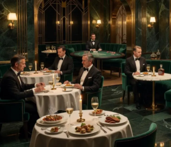 Grand salon parisien mêlant tables de restaurant et tables de jeux dans une lumière nocturne feutrée