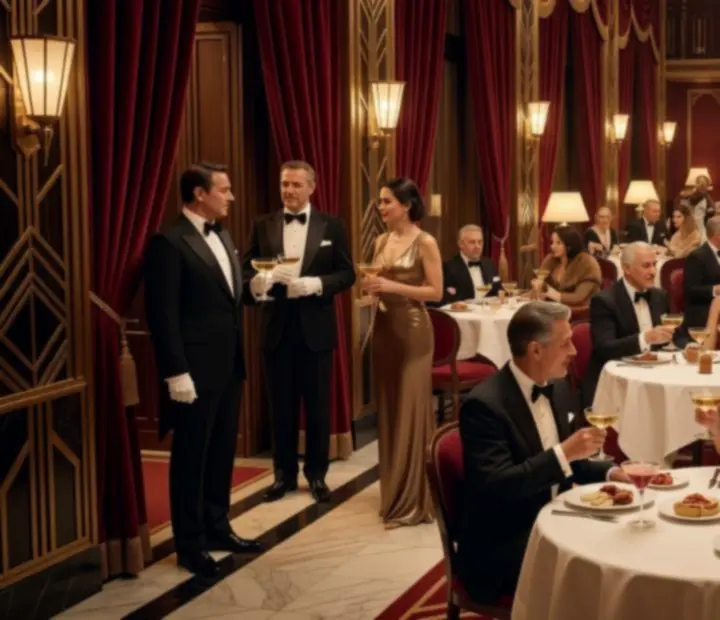Invités arrivant dans un restaurant Art Déco en soirée.